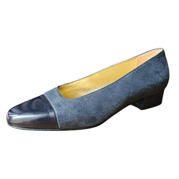 Vintage Bruno Magli Blue Leather Pumps Block Heel Cap Toe Narrow Womens 8.5 AA - Picture 1 of 14